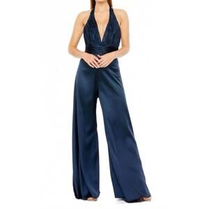 NEW MAC DUGGAL ruched halter top wide leg satin jumpsuit in sapphire